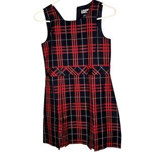 Grils Lands' End plaid preppy academia scoop neck navy/red school dress size 8